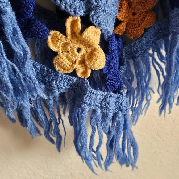 Girls Handmade Blue Crochet Shawl Fringe Floral One Size Stylish Acrylic Blend - Picture 6 of 6